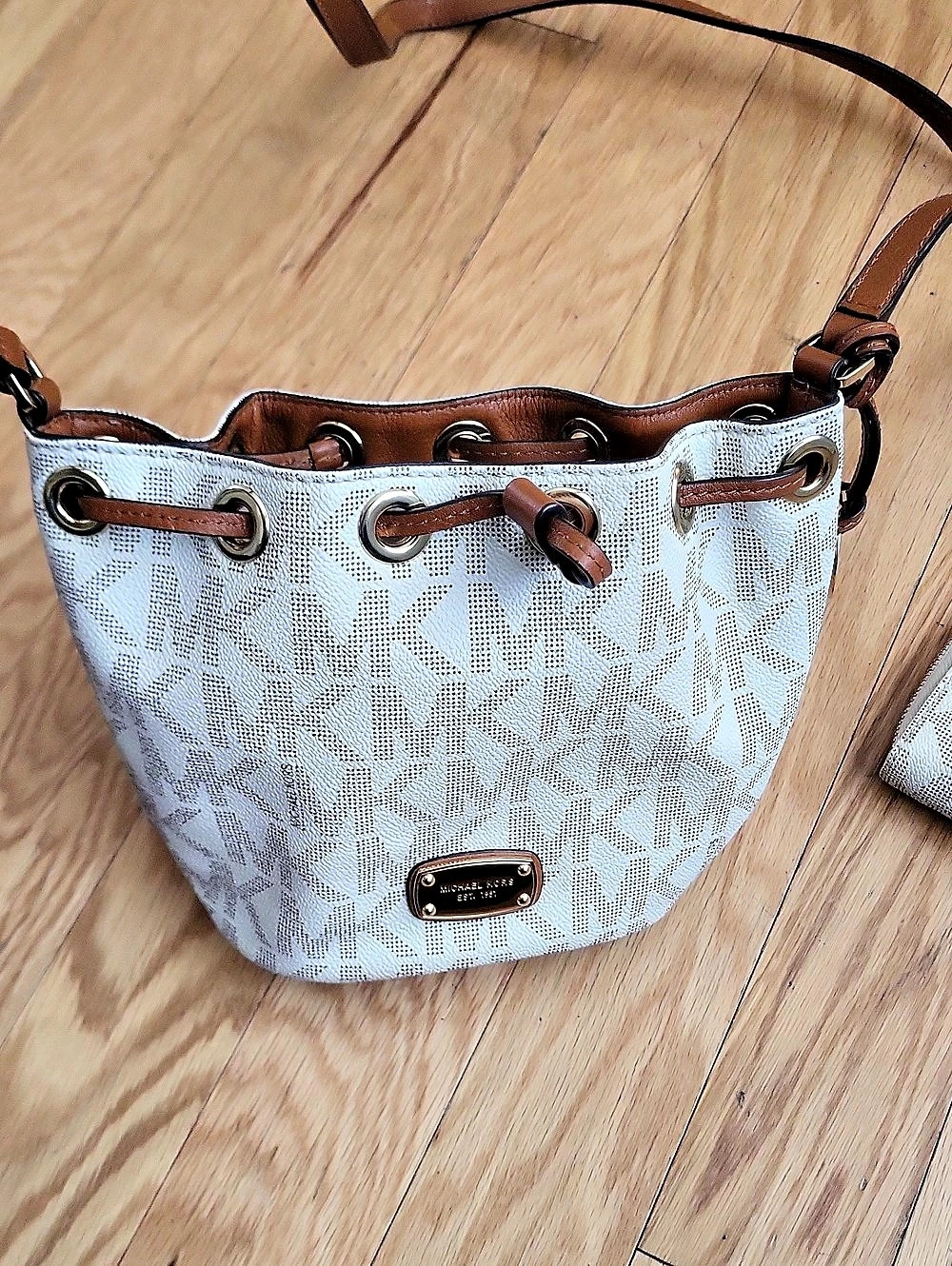 Michael Kors Monogram Bucket Crossbody Bag, Cream & Brown